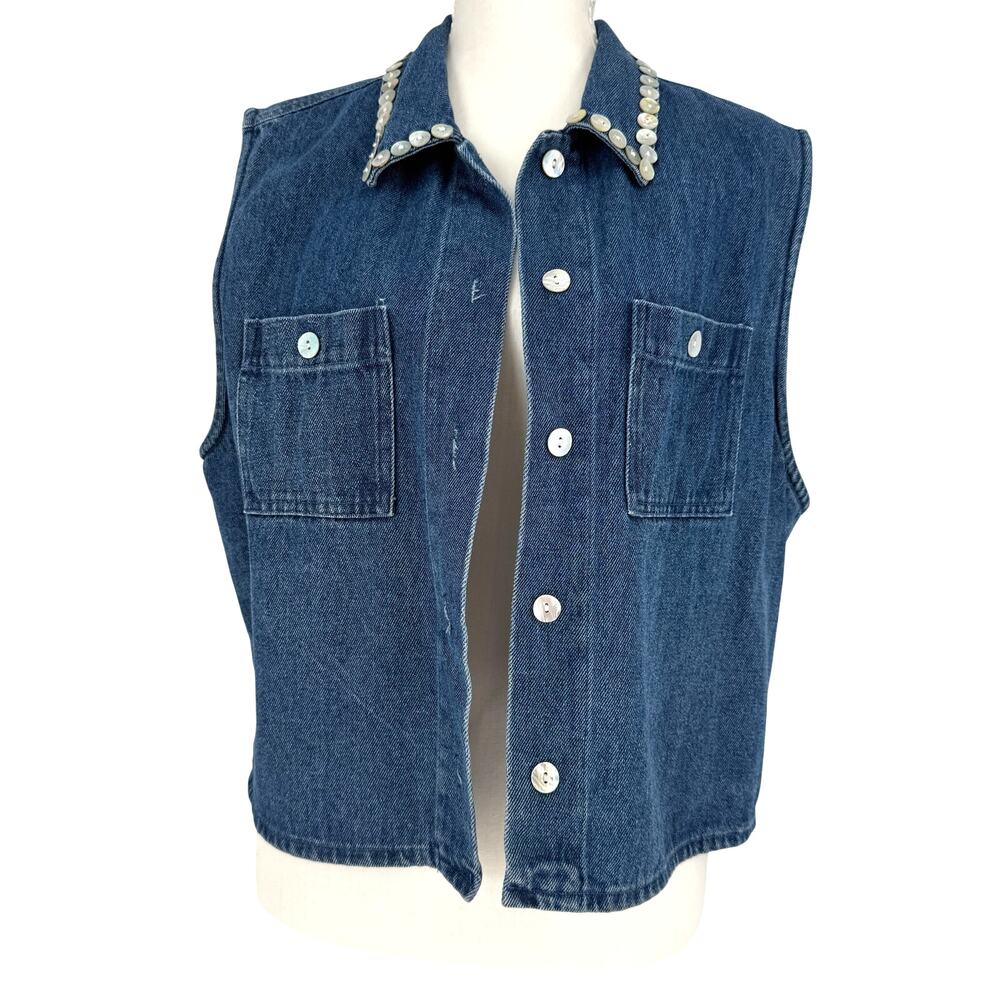Vintage Stonebridge Pearl Beaded Collar Blue Denim Vest Button Front Womens (L)